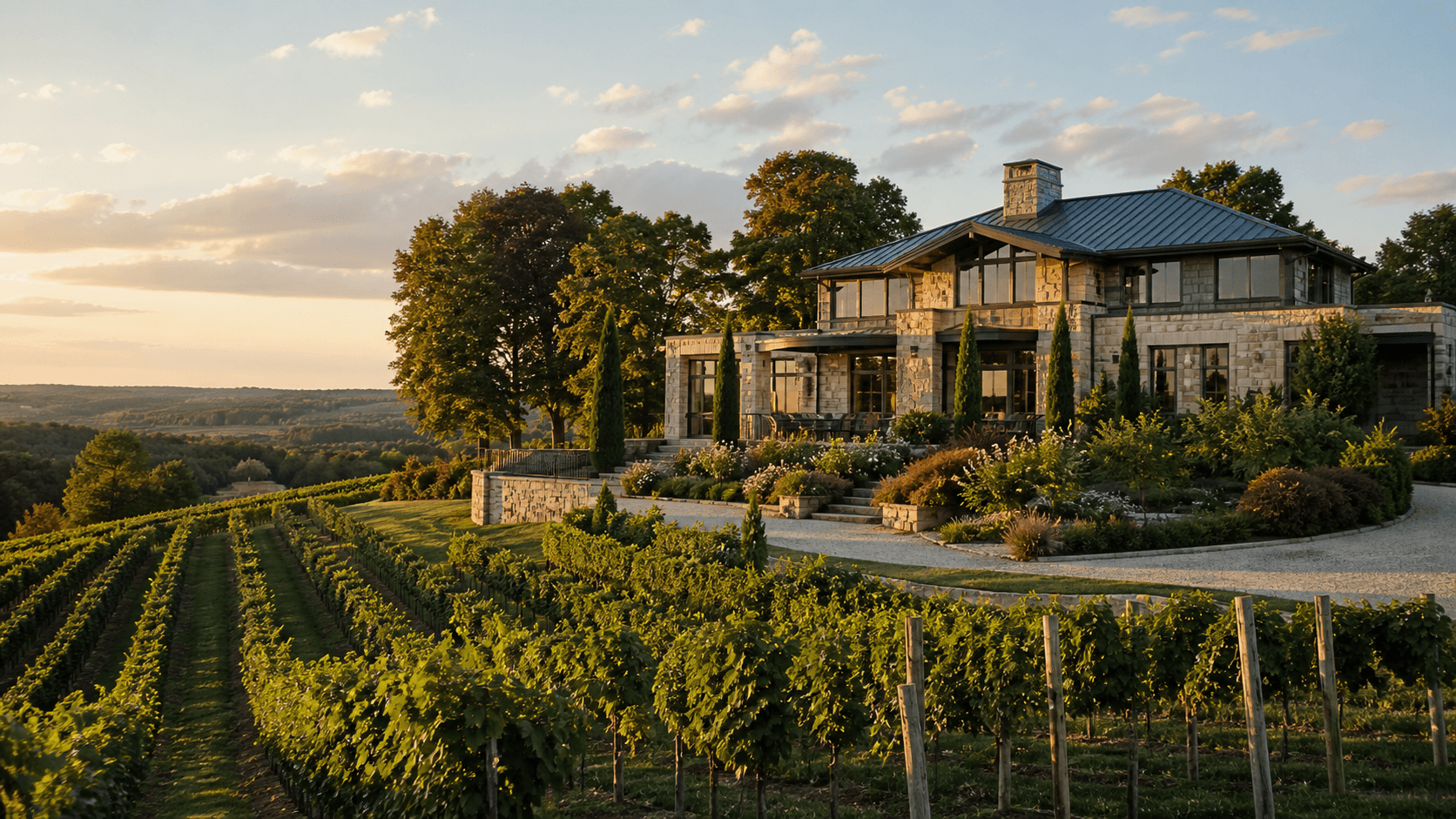 Stone winery estate overlooking vineyard rows in Niagara wine country